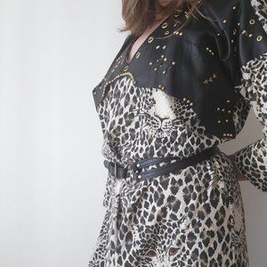 Vintage leopard print midi dress with leather accents